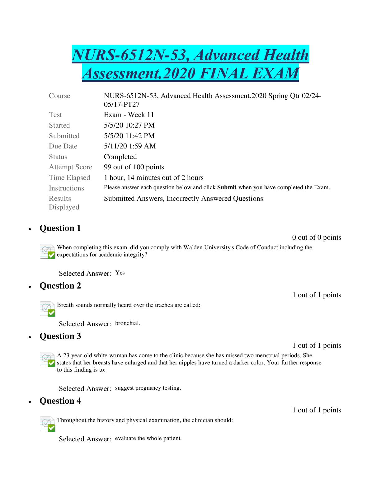 NURS 6512N Advanced Health Assessment FINAL EXAM. Walden University
